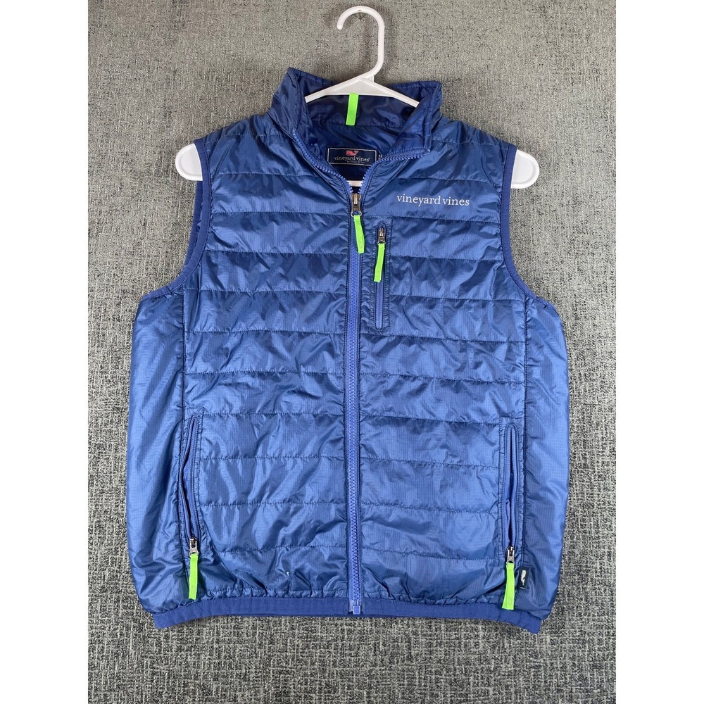 Vineyard Vines Boys Blue Quilted Puffer Vest Neon Green Trim‎ Large 16 Ripstop